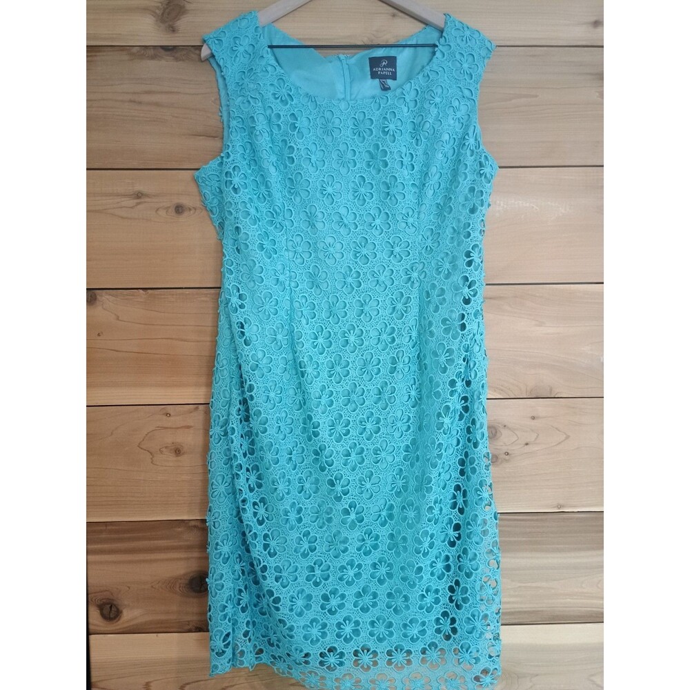 Adrianna Papell Teal Lace Sheath Dress Formal Wedding Sz 16 Cocktail Floral